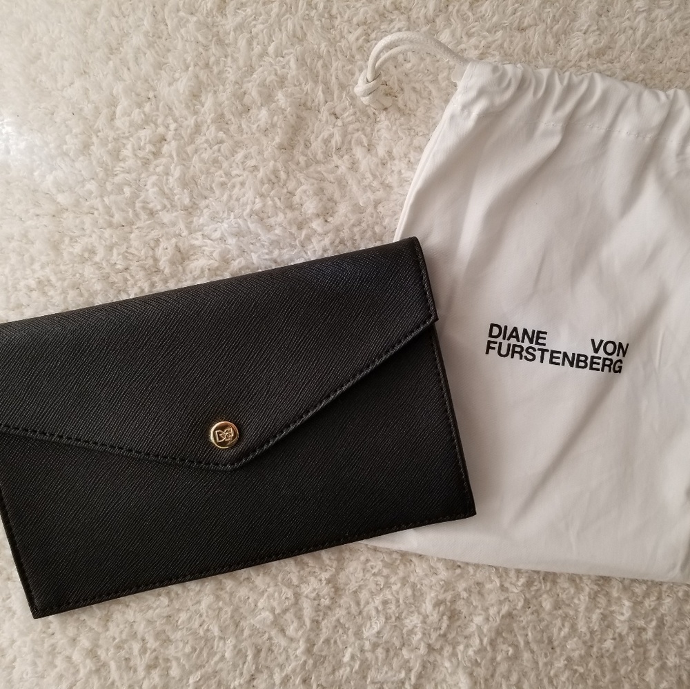 DVF black leather envelope clutch (NWT)